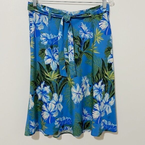 Kahala Hawaiian A-Line Skirt Blue Floral w/ Tie Belt - Picture 2 of 5